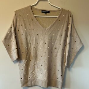 Catherine Malandrino pullover tan gold trim V neck 3/4 sleeves size M  NWOT